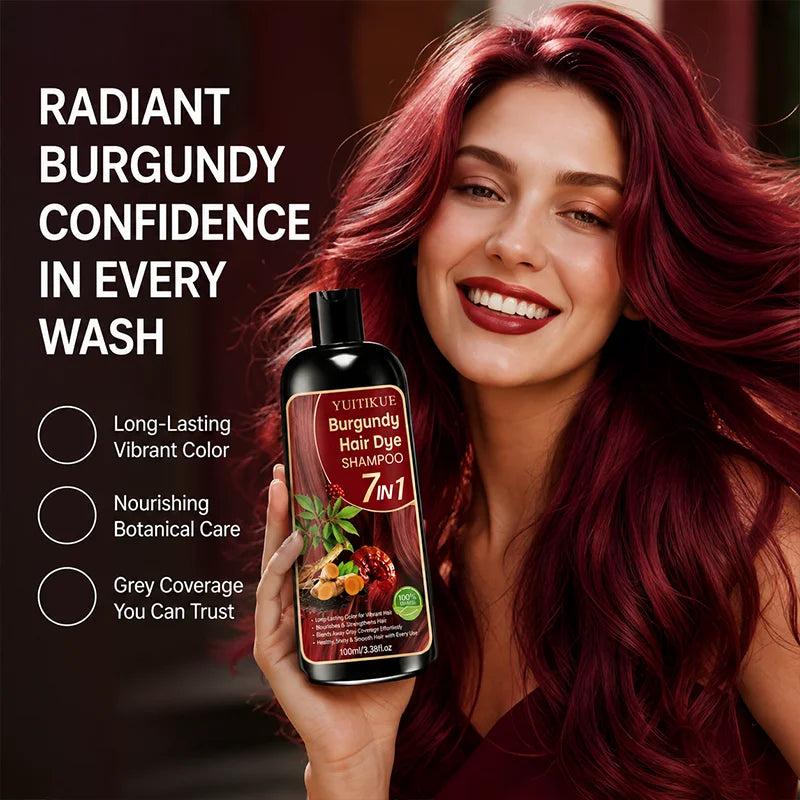 Burgundy Hair Dye Shampoo 7 In 1 Natural Plant Extract Cover Gray Hair Long Lasting Vibrant At Home Hair Color Care Shampoo