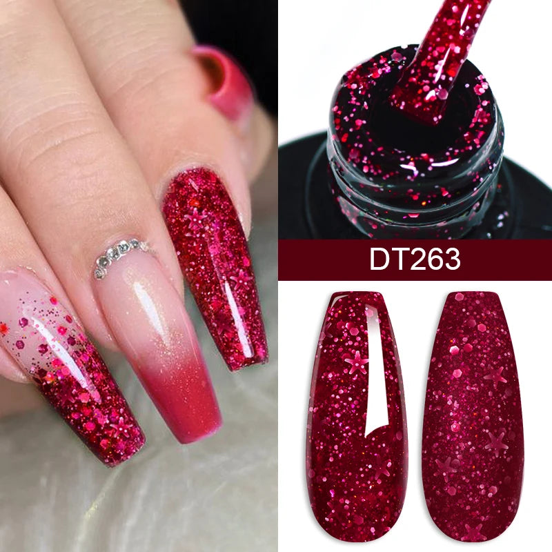 MEET ACROSS 7ml Dark Color Glitter Top Coat Gel For Nails Brocade Powder 2 In 1 Chameleon Nail Art Gel Varnish Manicure