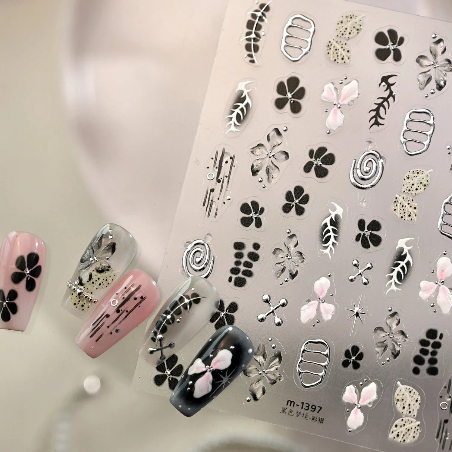 5D Black Silver Dream Thorn Clover Thorn Leaf Silver Spiral Pink Diamond Flower Silver Star Nail Art Stickers Embossed Decals