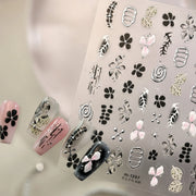 5D Black Silver Dream Thorn Clover Thorn Leaf Silver Spiral Pink Diamond Flower Silver Star Nail Art Stickers Embossed Decals
