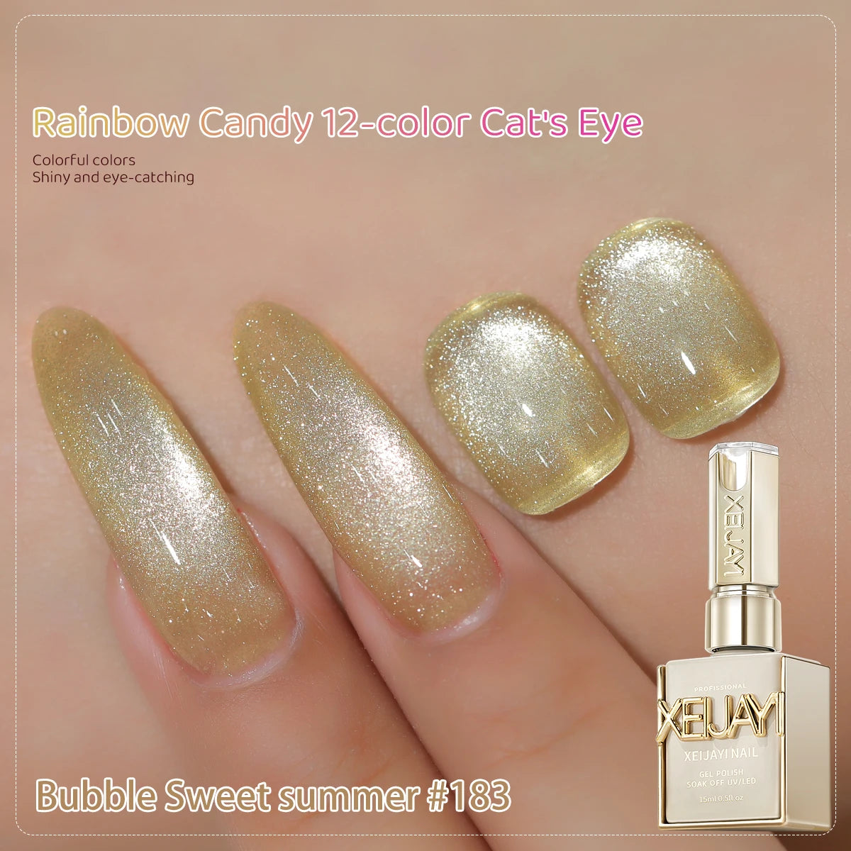 XEJAYI 1pc 15ml Rainbow Candy Cat Eye Gel Nail Polish,UV LED Soaking Nail Gel, Semi-Permanent, DIY Salon Quality