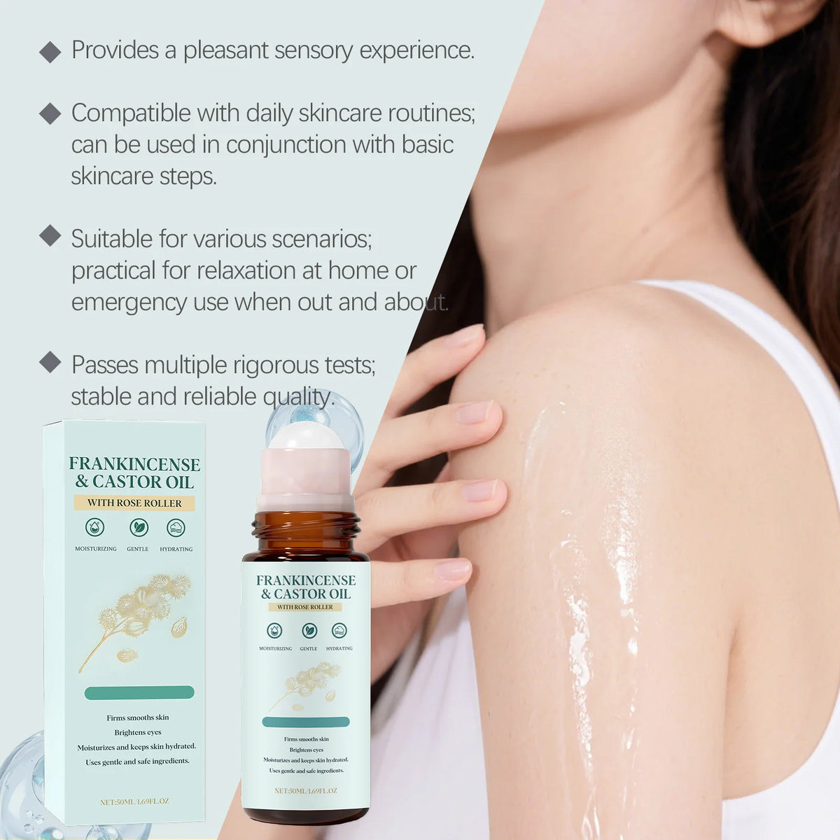 Frankincense Castor Oil Rollerball Soothing & Nourishing Roll-On Oil Improve Dryness Repair Portable Aromatherapy Body Skincare