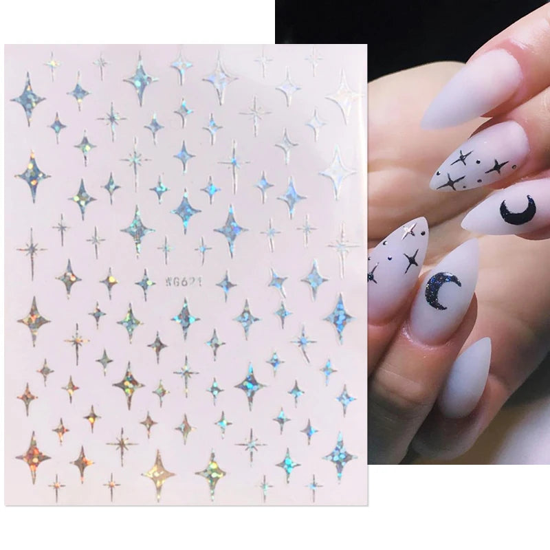 Shiny Gold Star Moon Sun Nail Stickers for Manicure Accessories Heart Feather Animals Printing Self Adhesive Nail Wrap