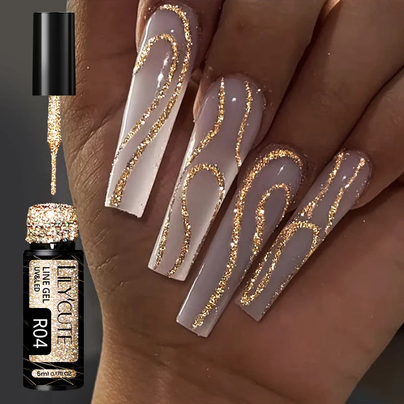 LILYCUTE 5ml Champagne Chrome Gold Metallic Liner Gel Polish Super-Bright Mirror Effect French Style Drawing Line Nail Art Gel