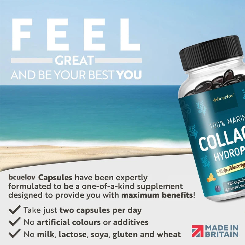 Bcuelov Marine Collagen Capsules - Helps with joint, hair, skin, nail support and overall health, firming skin