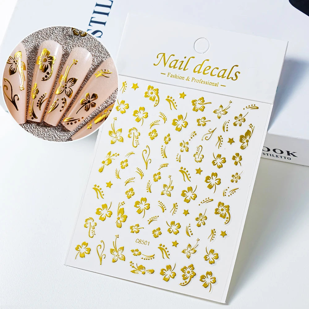 1pc 3D White Hibiscus Flower Nail Art Stickers 8 Colors Hollow Petal Flower Nail Decal Exquisite Gold/Silver/Black Floral Slider