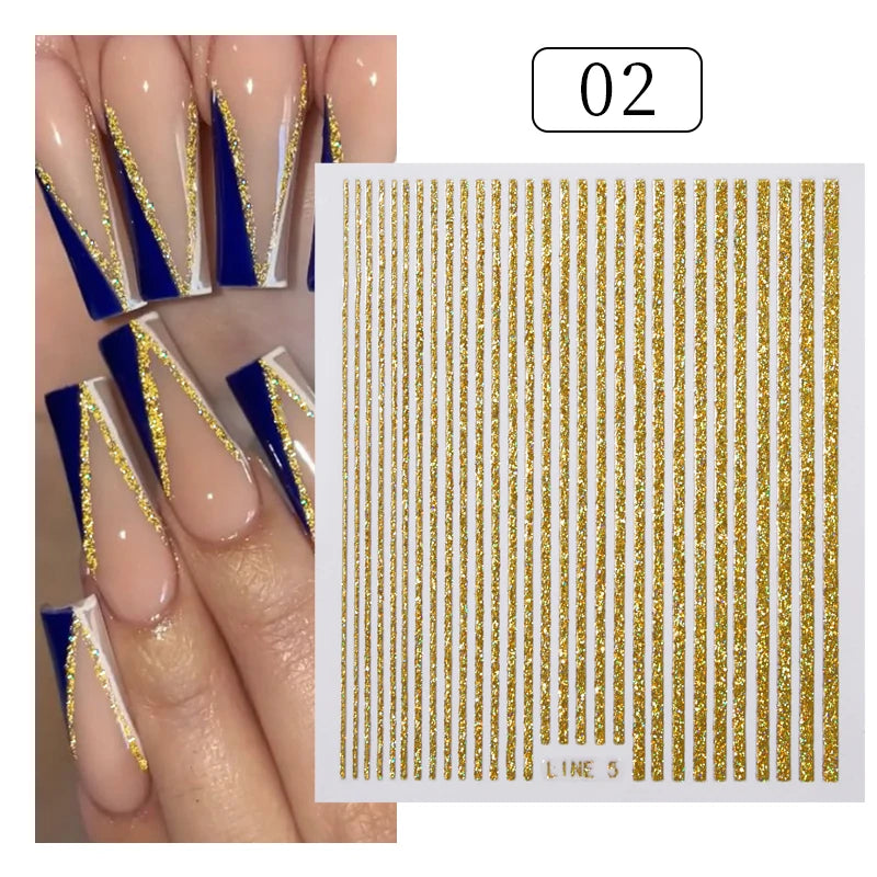 3D Nail Stickers Bronzing Gold Silver Lines Stripe Geometric Design Flowers Gradient Adhesive Slider Papers Nail Art Accessories