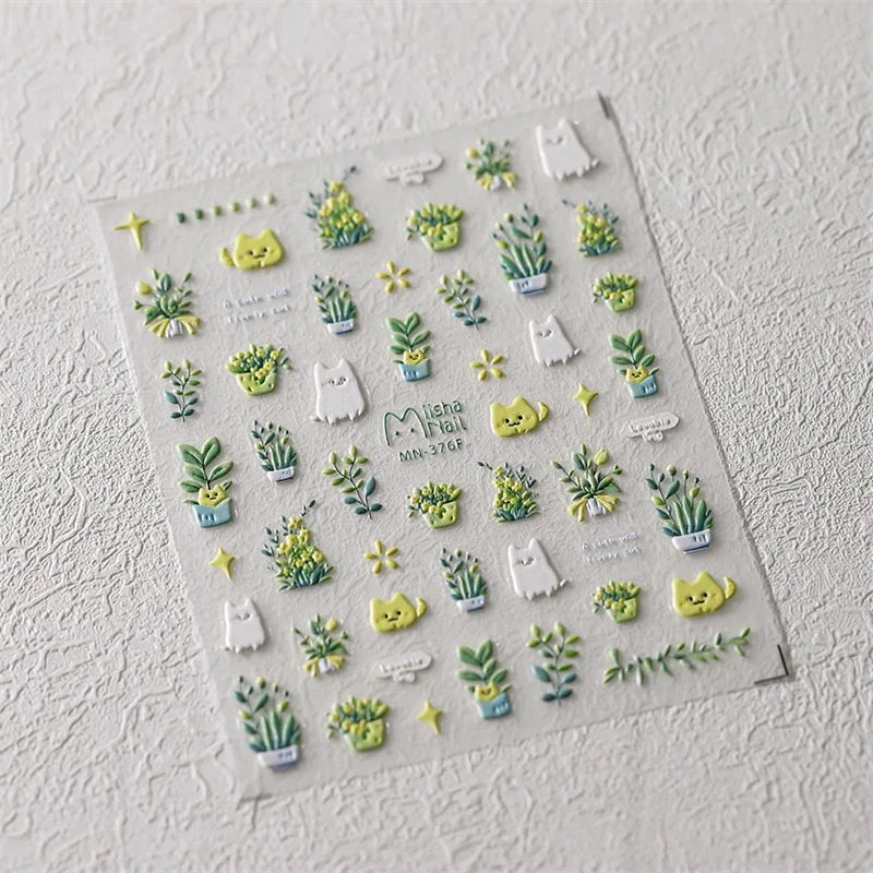 1Pcs Lovely Cat Green Potted Plant Flowers Nail Stickers 5D Reliefs Self Adhesive Nail Art Stickers Manicure Decorations Decals
