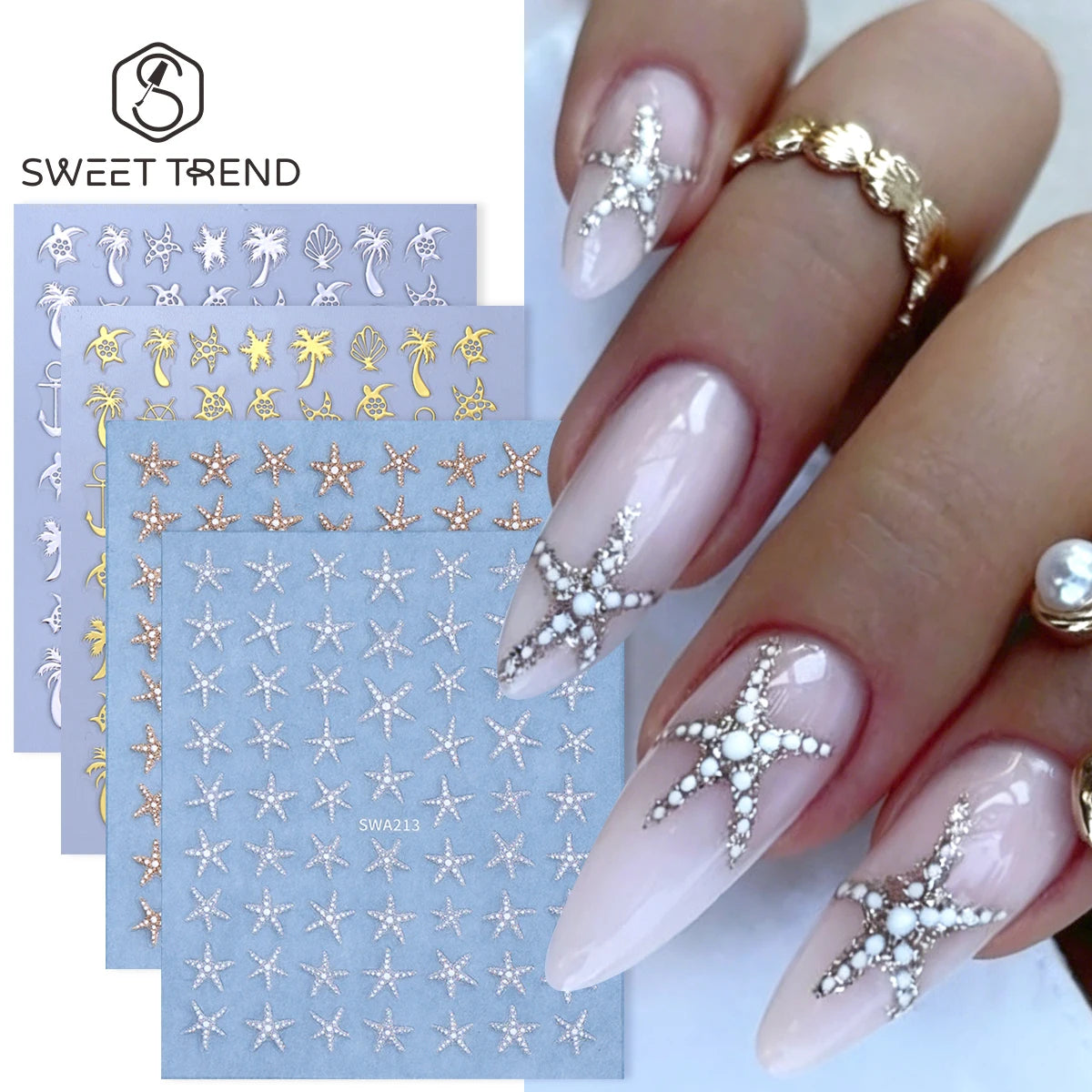 4pcs Bronzing Marine Life Nail Stickers Gold Silver Glitter Starfish Design Sliders Metal Sea Turtle Summer Decals Manicure Tips