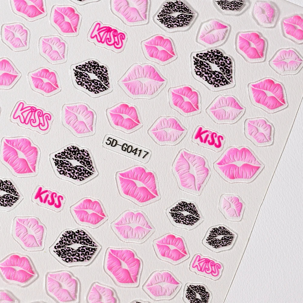 2pcs Valentines 3D Red Lips Print Nail Art Stickers Pink Kisses Nail Decals Adhesive Slider Valentine's Day Manicure Accessories