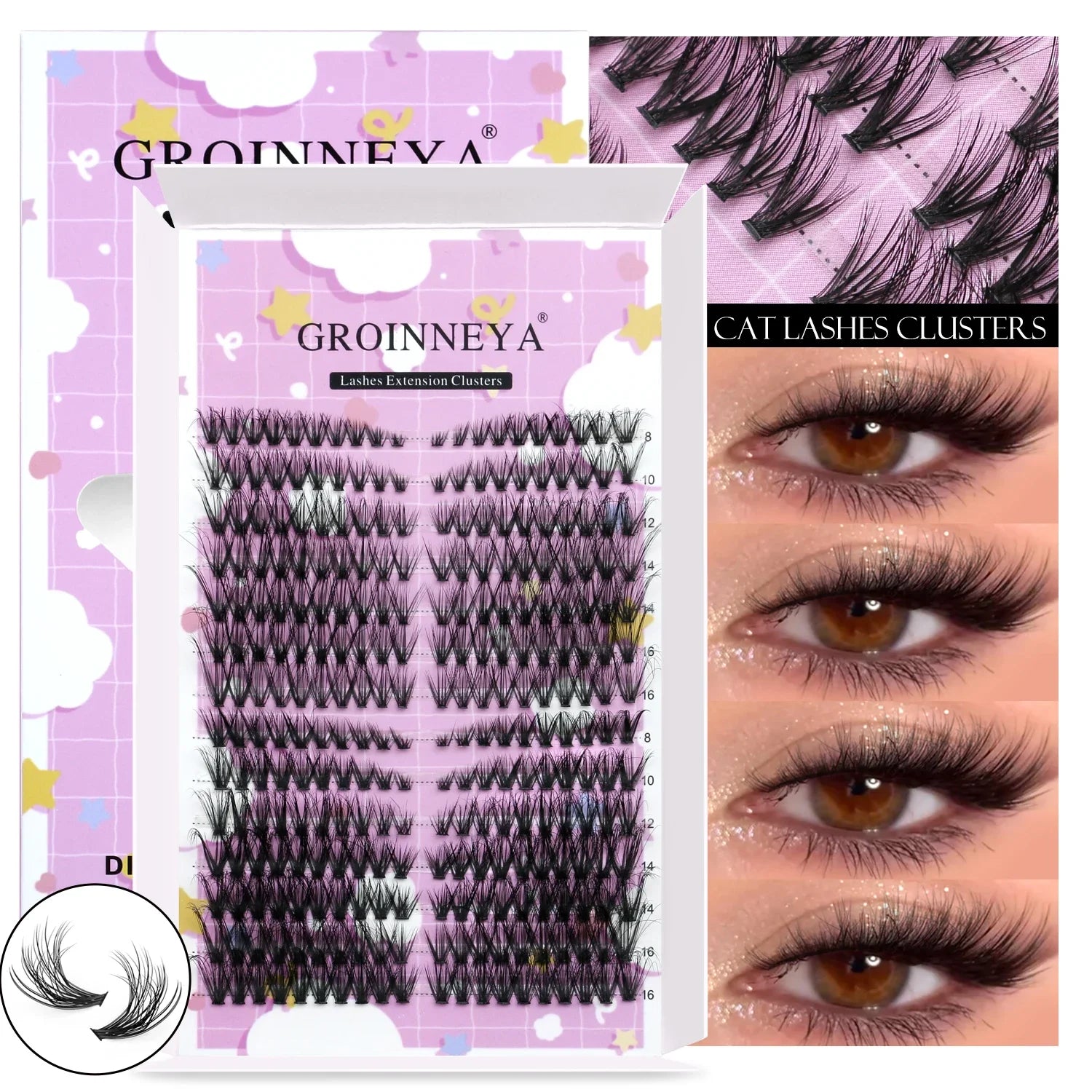GROINNEYA Lash Clusters Kit Natural Cat Lashes Winged End Eye Elongated Eyelashes With Lash Bond & Seal Cluster Kit DIY at Home