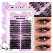 GROINNEYA Lash Clusters Kit Natural Cat Lashes Winged End Eye Elongated Eyelashes With Lash Bond & Seal Cluster Kit DIY at Home