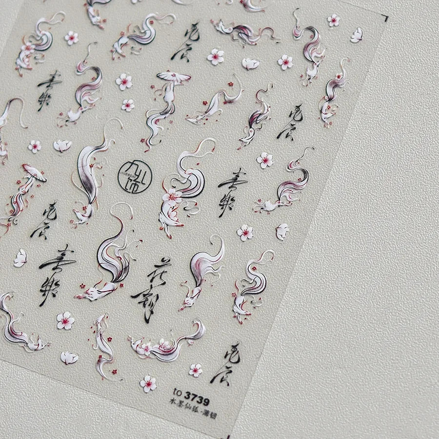 5D Kawaii Ink Wash Fairy Fox Dragon Loong Nail Art Stickers Cartoon Star Animals Backglue Nail Decoration Decals Accessories