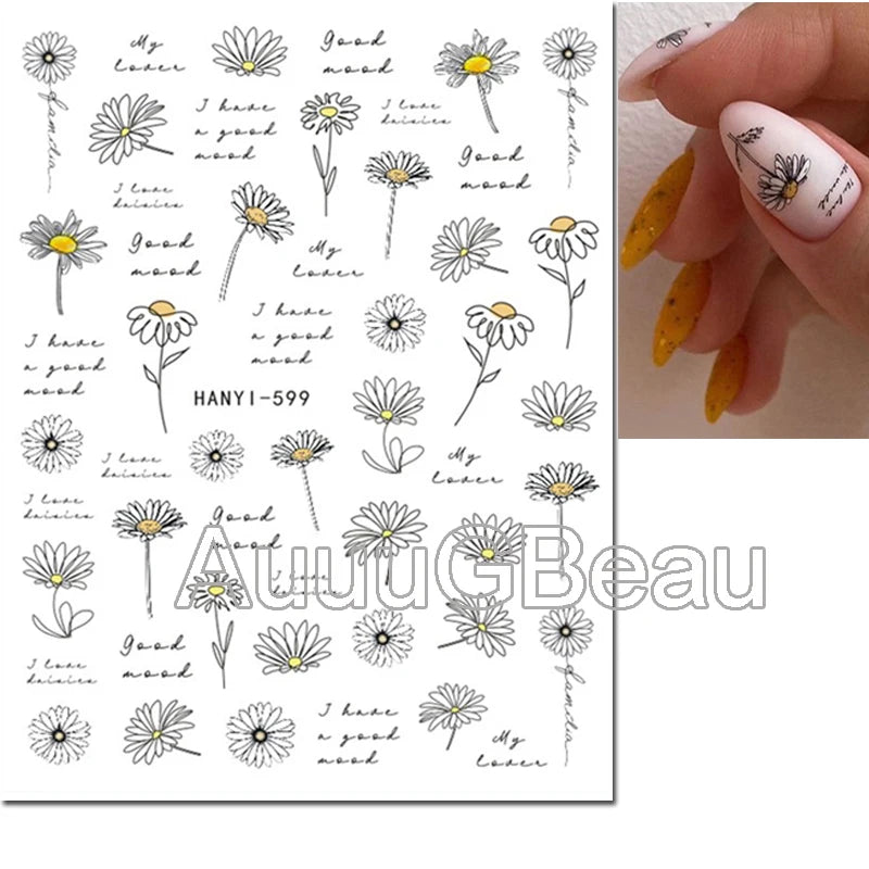3d Nail Art Decals Geometric Lines Daisy Sunflowers Letters Adhesive Sliders Nail Stickers Decoration For Manicure