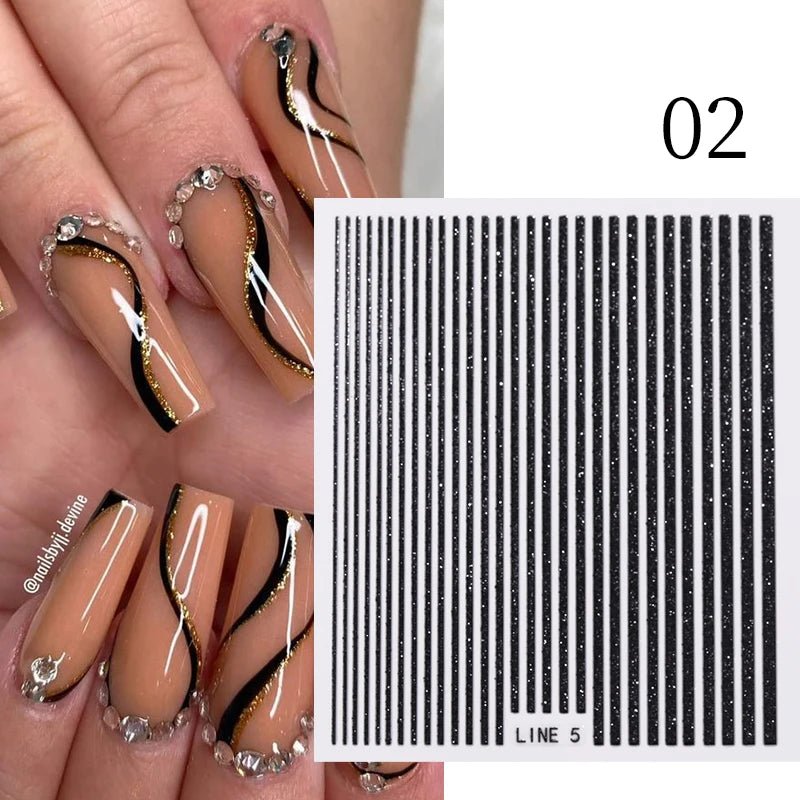 3D Nail Stickers Bronzing Gold Silver Lines Stripe Geometric Design Flowers Gradient Adhesive Slider Papers Nail Art Accessories