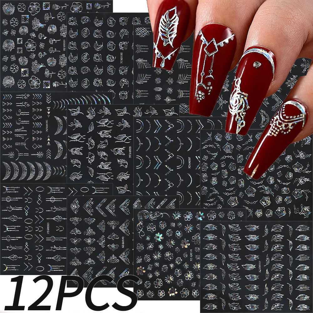 12Pcs 3D Laser Gold Silver Sun Star Moon Nail Stickers Y2K Snake/Starlight/Heart Adhesive Decals DIY Bronzing Nail Sliders