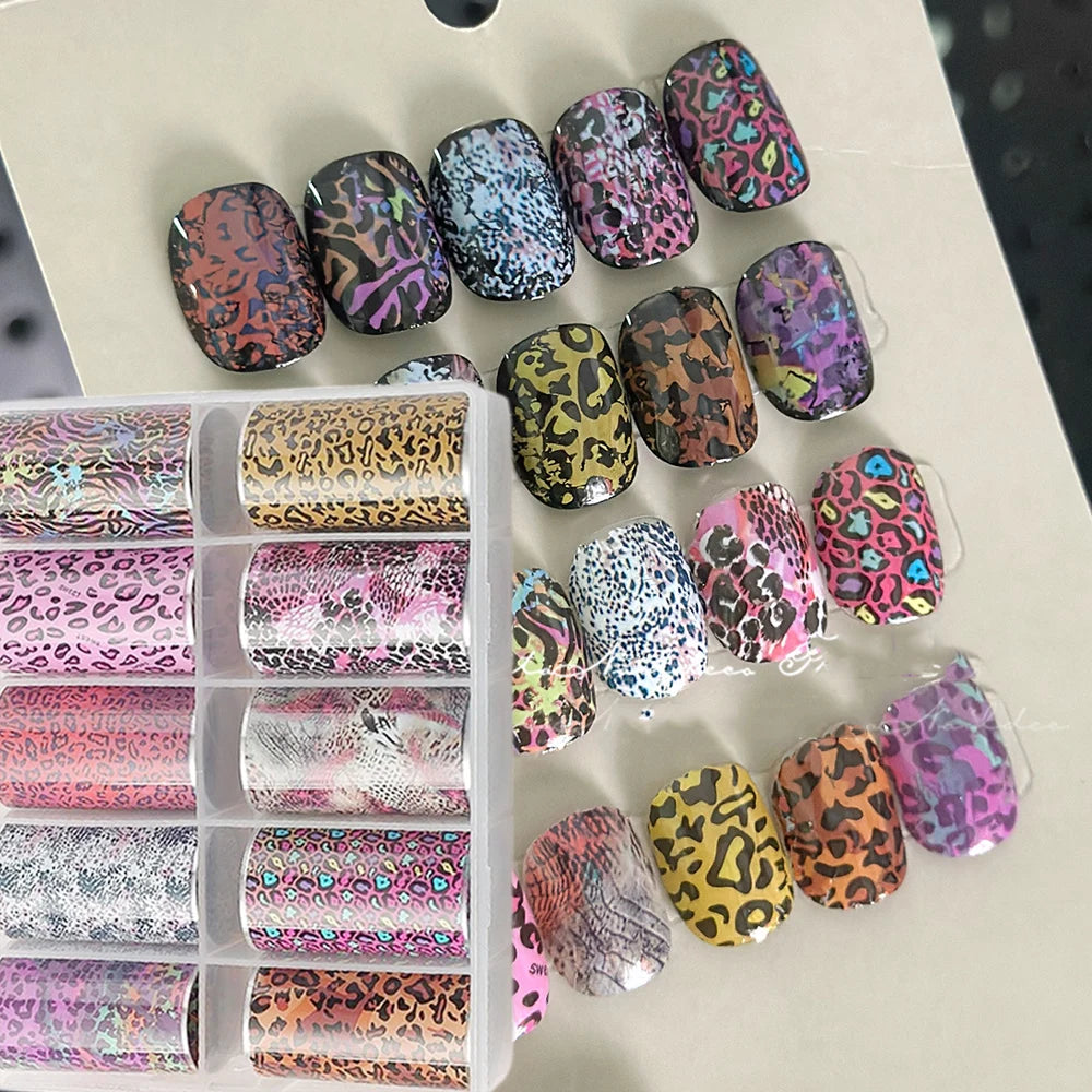 10 Rolls 50*4CM Pink Leopard Nail Foil Stickers Animal Print Nail Transfer Decals Irregular Shape Valentine's Day Manicure Decor