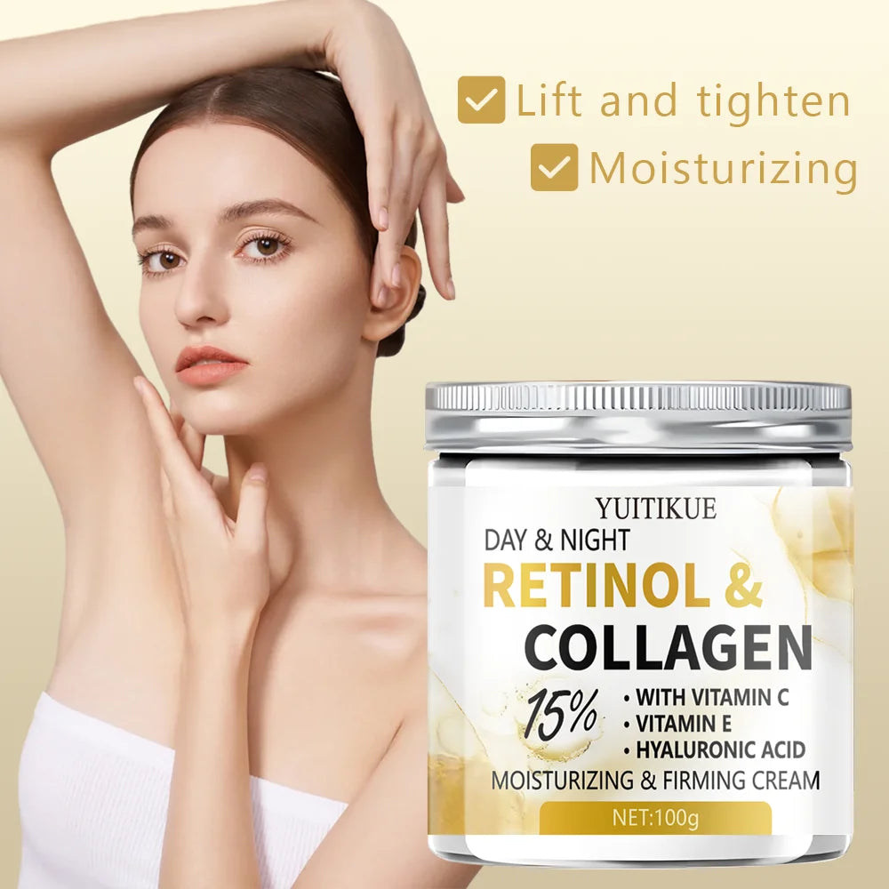 DAY & NIGHT Firming Cream 100g - 15% Retinol & Collagen, with Vitamin C, E & Hyaluronic Acid, Moisturizing & Firming