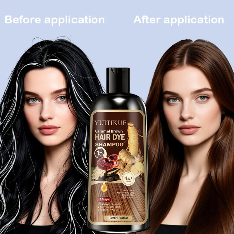 YUITIKUE 4-in-1 Caramel Brown Hair Dye Shampoo 100ml - Natural Instant Color Shampoo with Moisturizing Care