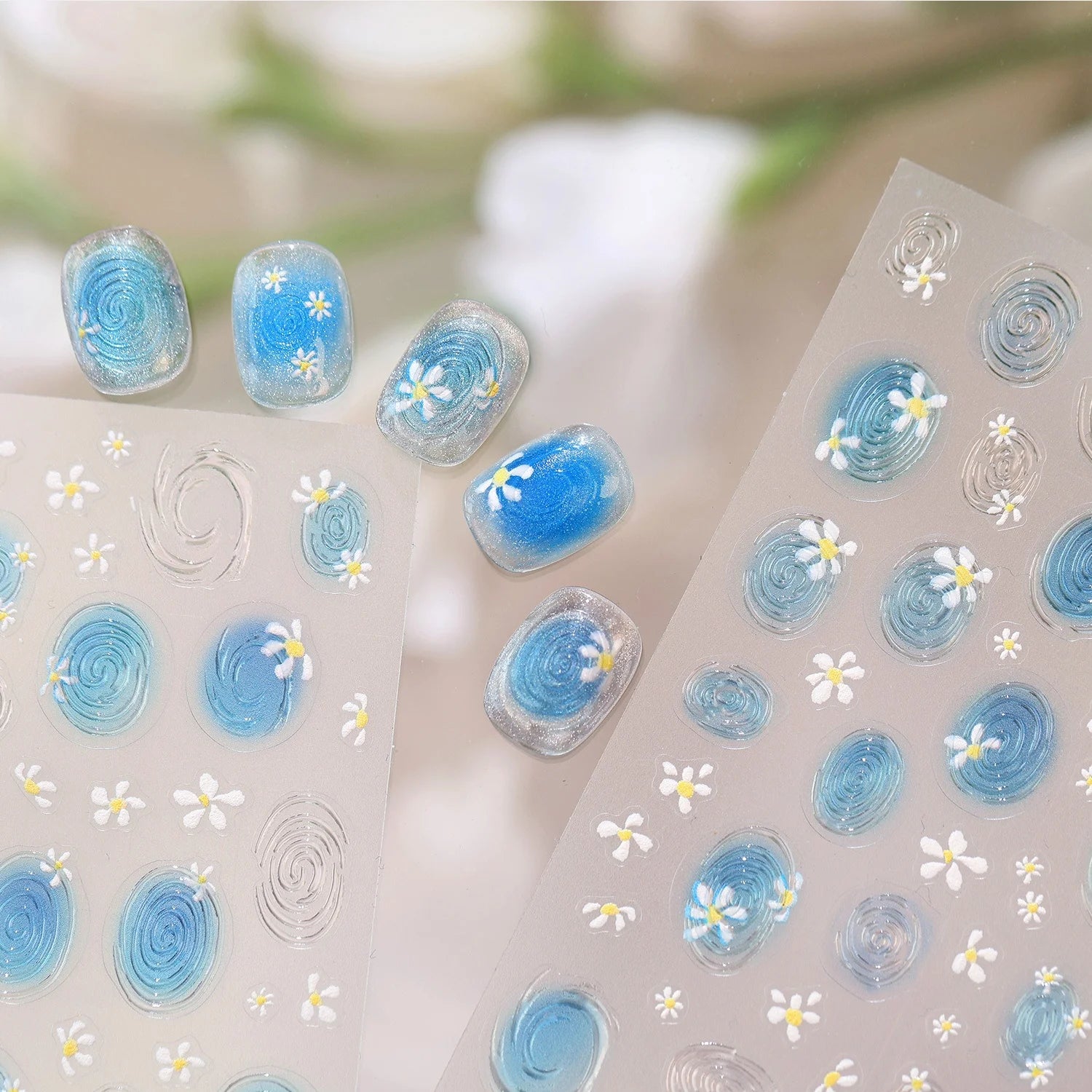 5D Summer Ocean Nail Art Stickers Blue Water Wave Daisy Spiral Pattern Self-adhesive Seaside Nail Decal DIY Manicure Decoration