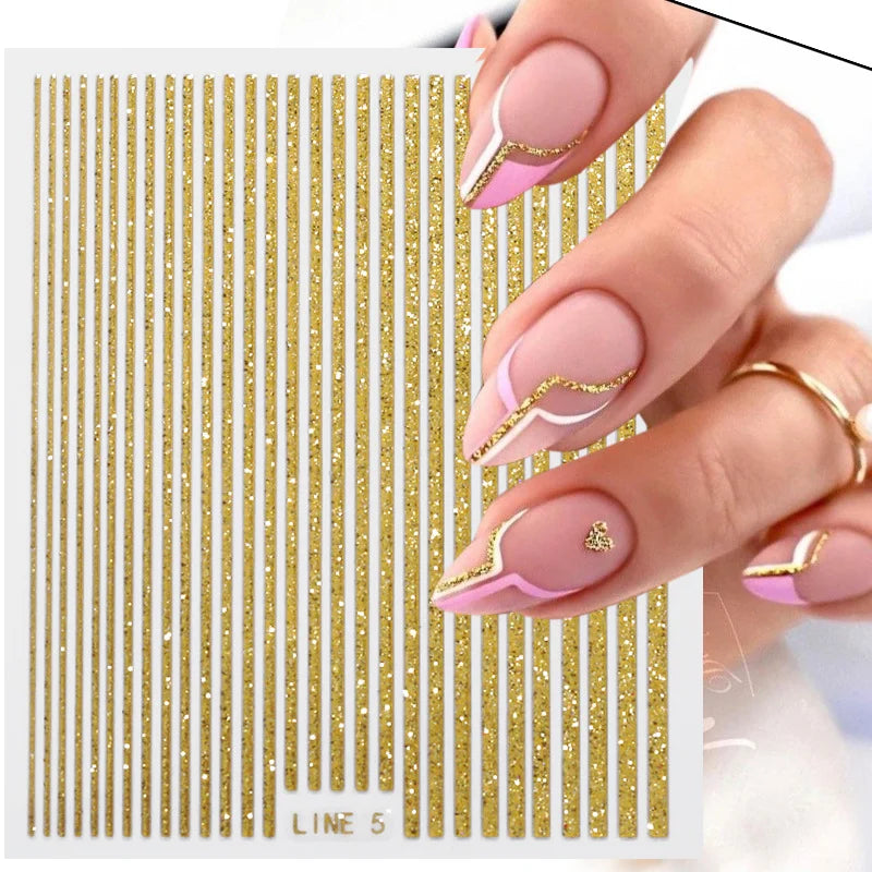 8Pcs/Set 3D Laser Glitter Colorful Metallic Line Nail Stickers Gold Silver Line Wave Stripe Nail Art Decals Kit Manicure Sliders
