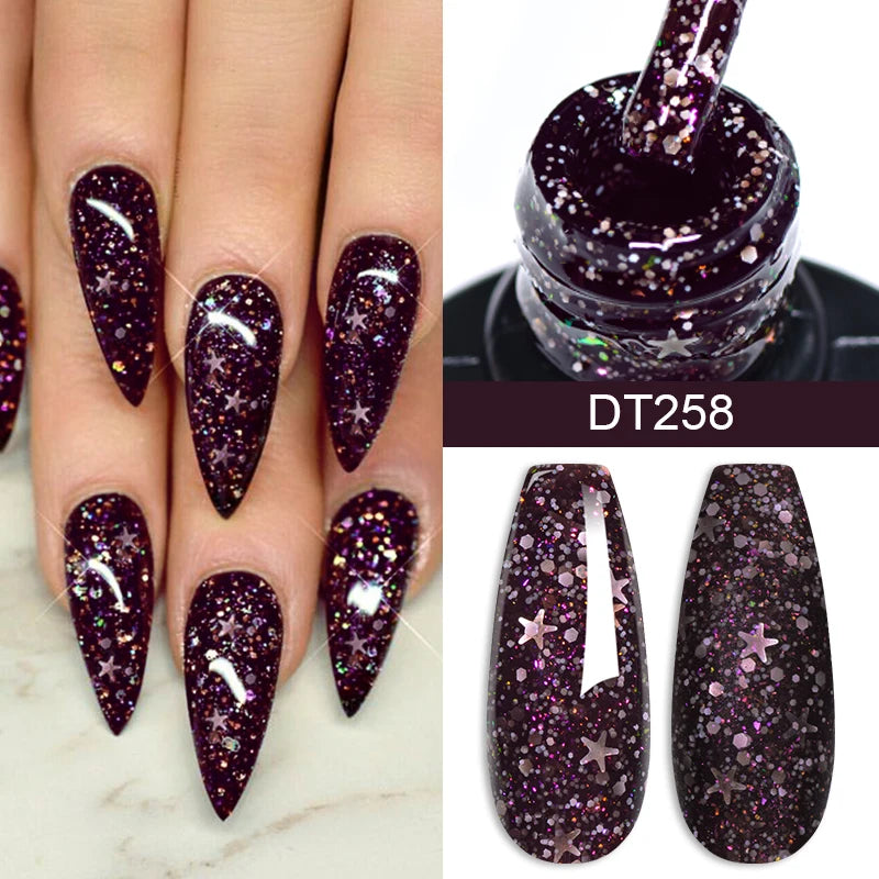 MEET ACROSS 7ml Dark Color Glitter Top Coat Gel For Nails Brocade Powder 2 In 1 Chameleon Nail Art Gel Varnish Manicure
