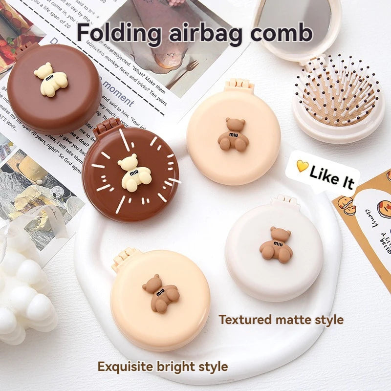 Cute Cartoon Little Bear Folding Comb For Little Girls Portable Mini Air Cushion Comb Massage Small Comb Mirror Integrated