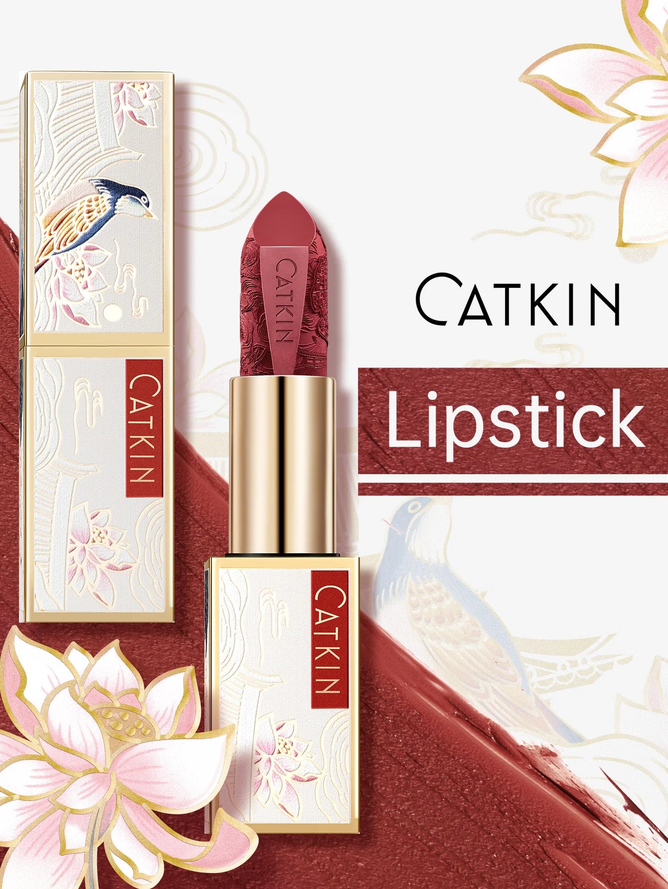 CATKIN Dreamworld Carving Lipstick, Waterproof Long Lasting Satin Nourish Moisturizing Smooth Soft 0.13 Ounce-Chinese Style
