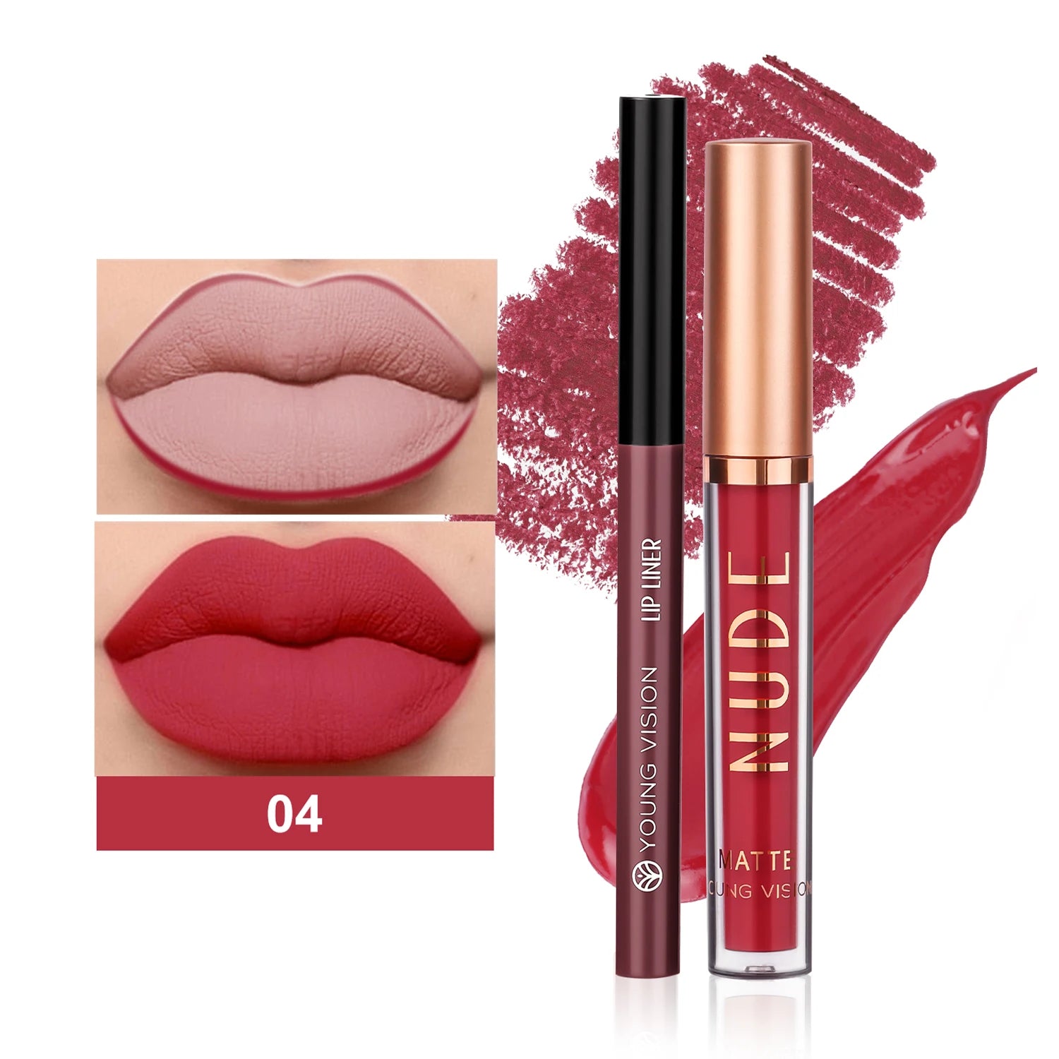 YOUNG VISION Dual Color Lip Liner Lip Gloss Combo Set Color Showing Waterproof Sweatproof Non-Sticky Cup Lip Gloss Set