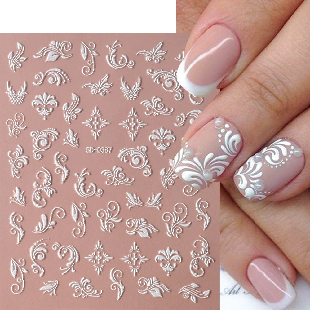 5D White Face Flowers Nail Art Stickers 8x10cm Elegant Wedding Bride White Floret Nail Decal Self-Adhesive Flowers Nail Slider