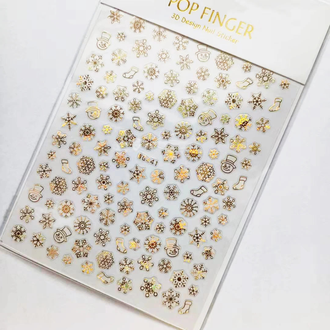 Sliver Bronzing 3D Christmas Nail Art Decoration Sticker Sparkly White Colorful Glitter Geometry Snowflake Winter Slider Foil