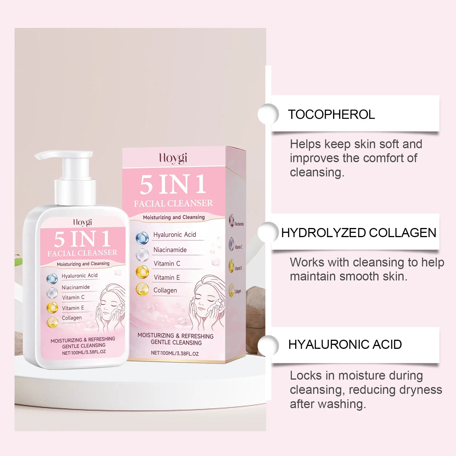 5-in-1 Moisturizing Cleanser with rich foam for a lightweight feel, gently cleanses and softens the skin daily