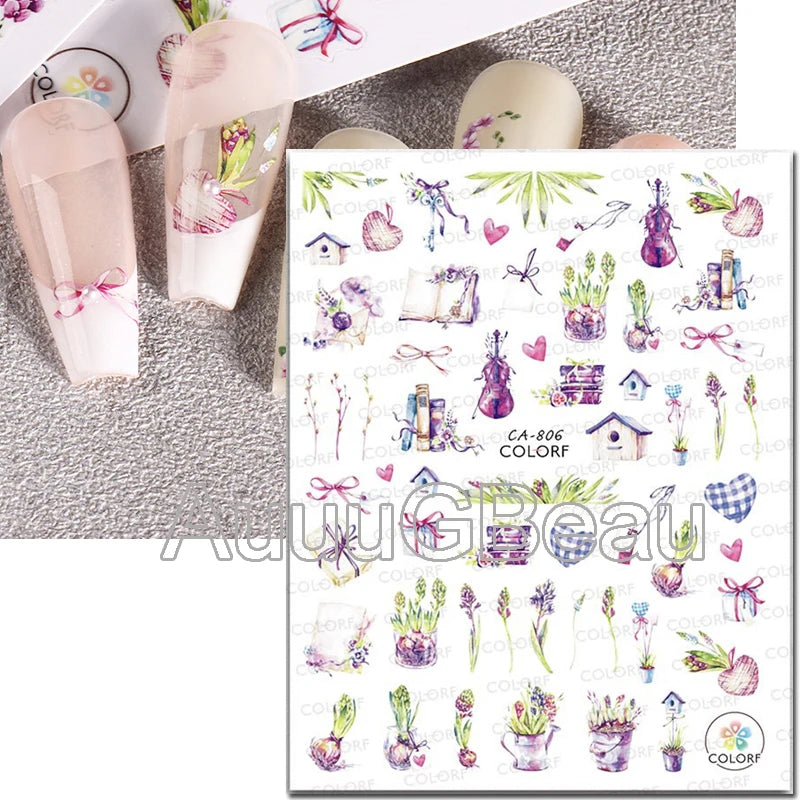 3d Nail Art Decals Geometric Lines Daisy Sunflowers Letters Adhesive Sliders Nail Stickers Decoration For Manicure