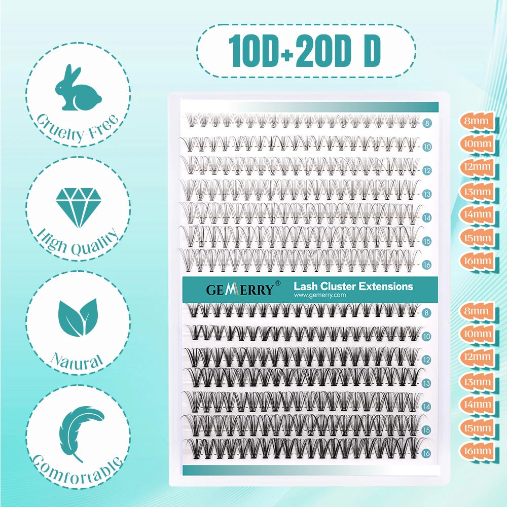 Gemerry 280 Cluster DIY Eyelashes 10D/20D 30D/40D Premade Volume Fan Lash Extension Individual Faux Mink Heat Bonded Lashes Soft