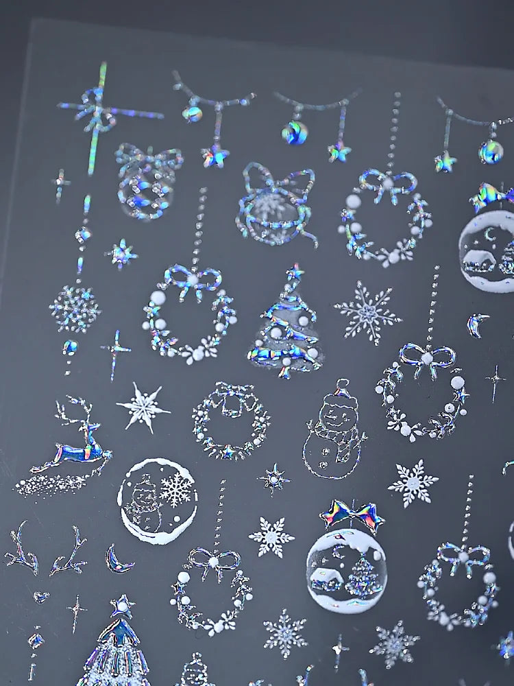 1pc 5D Gold Snow Christmas Tree Wreath Nail Art Stickers Bow Crystal Ball Pendant Winter Nail Decals New Year Xmas Nail Decorati