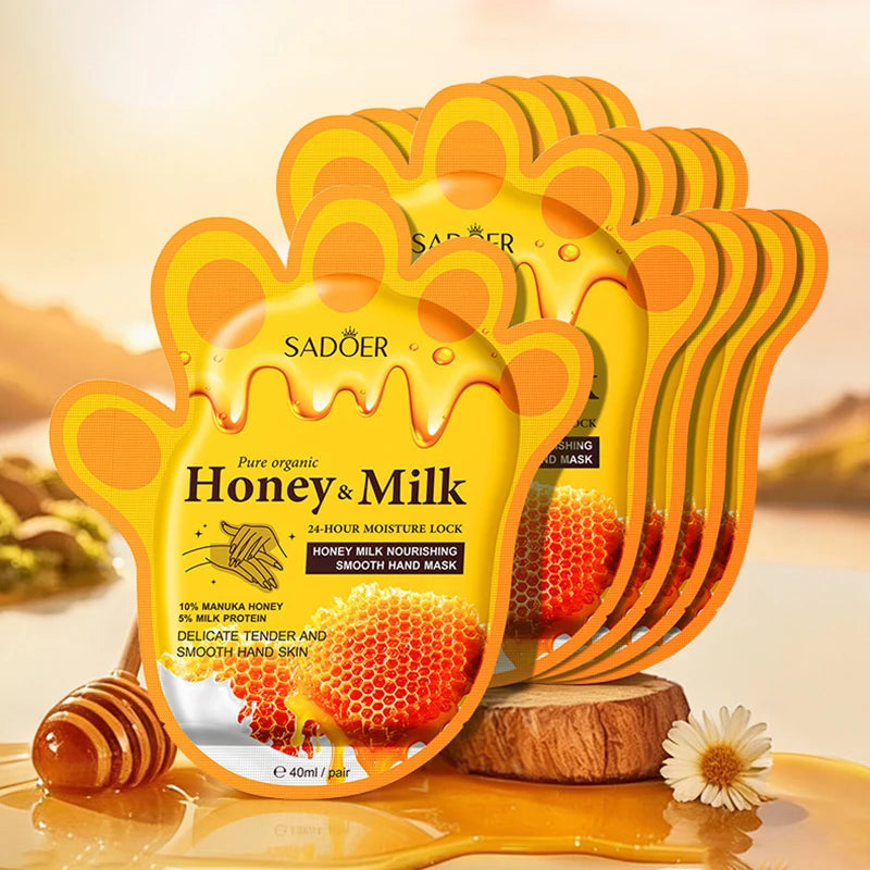 5 Pairs SADOER Honey Milk Hand Mask 24Hour Moisture Lock Hand Care Gloves Nourish Dry Hands Soften Cutin And Smooth Skin