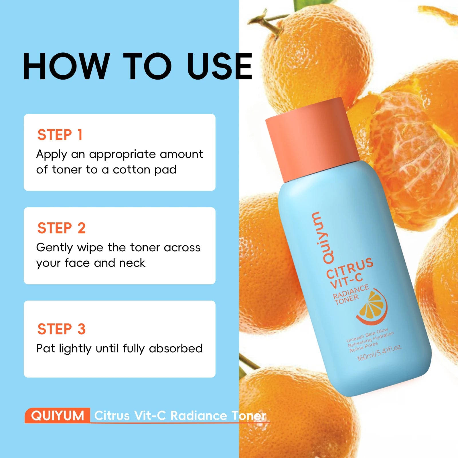 Quiyum Citrus Vit‑C Radiance Toner 160ml Refreshing Hydrating Facial Lotion Refine Pores Boost Natural Skin Glow Daily Skin Care