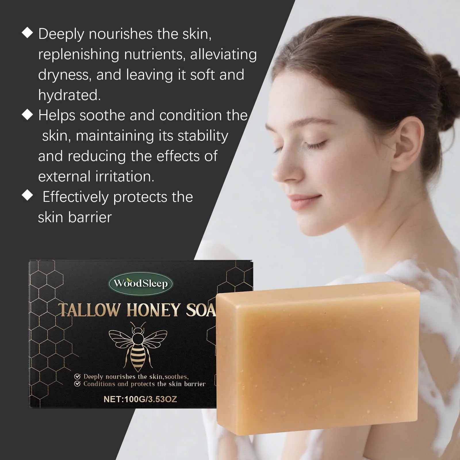 Woodsleep Tallow and Honey Balm Soap Moisturizing Skin Cleaning Dirt Remover Soft Smooth Deep Nourishment Natural Soap Bars 100g