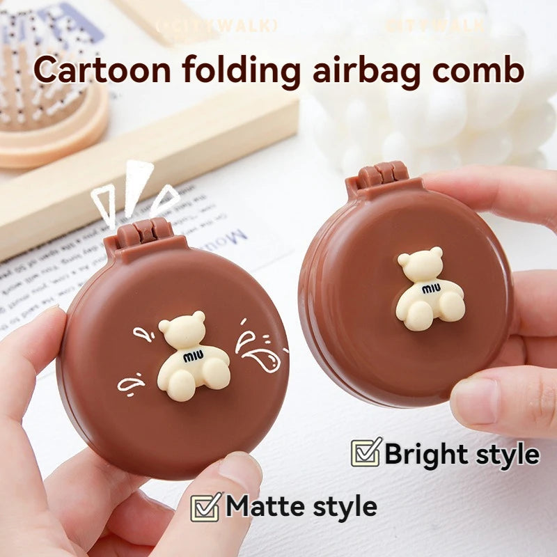 Cute Cartoon Little Bear Folding Comb For Little Girls Portable Mini Air Cushion Comb Massage Small Comb Mirror Integrated