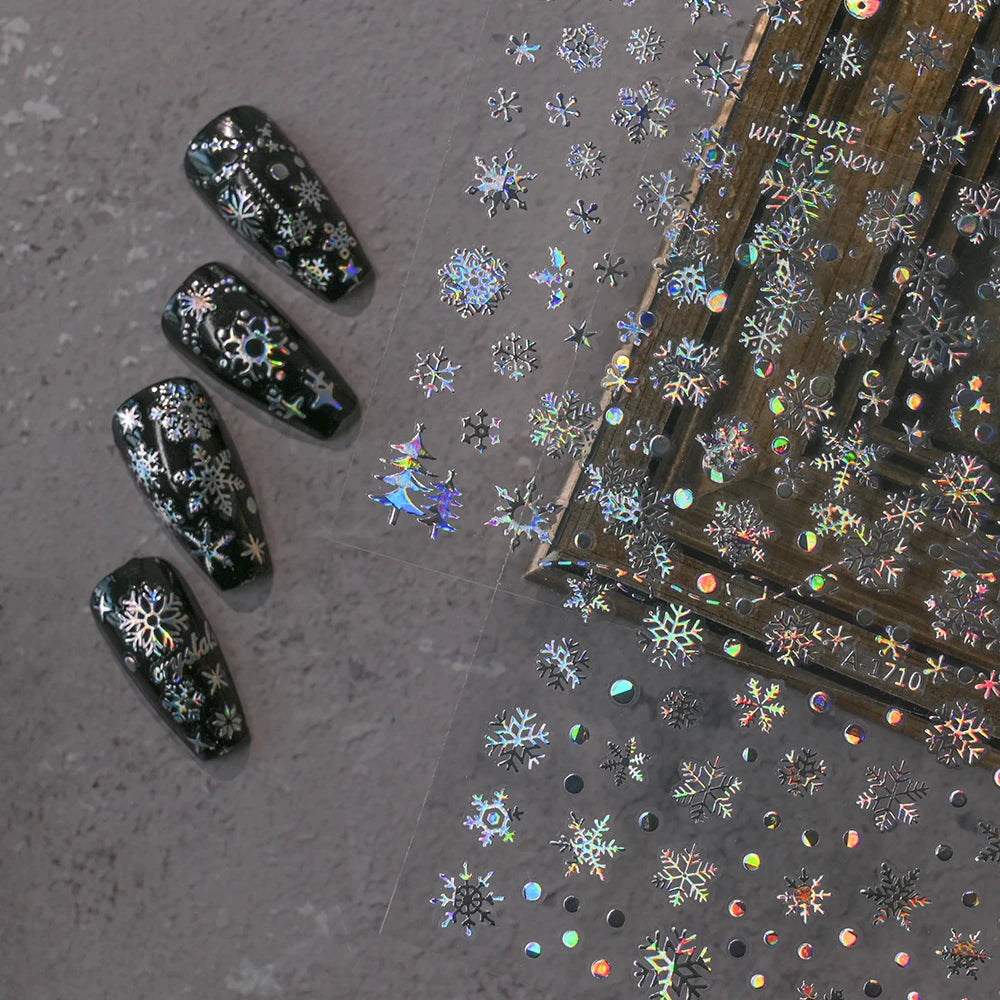 12Pcs Christmas Laser Silver Snowflakes Nail Stickers Set 3D Bronzing Snowflake Nail Decal 8*10cm HOLO Snowflake Xmas Slider