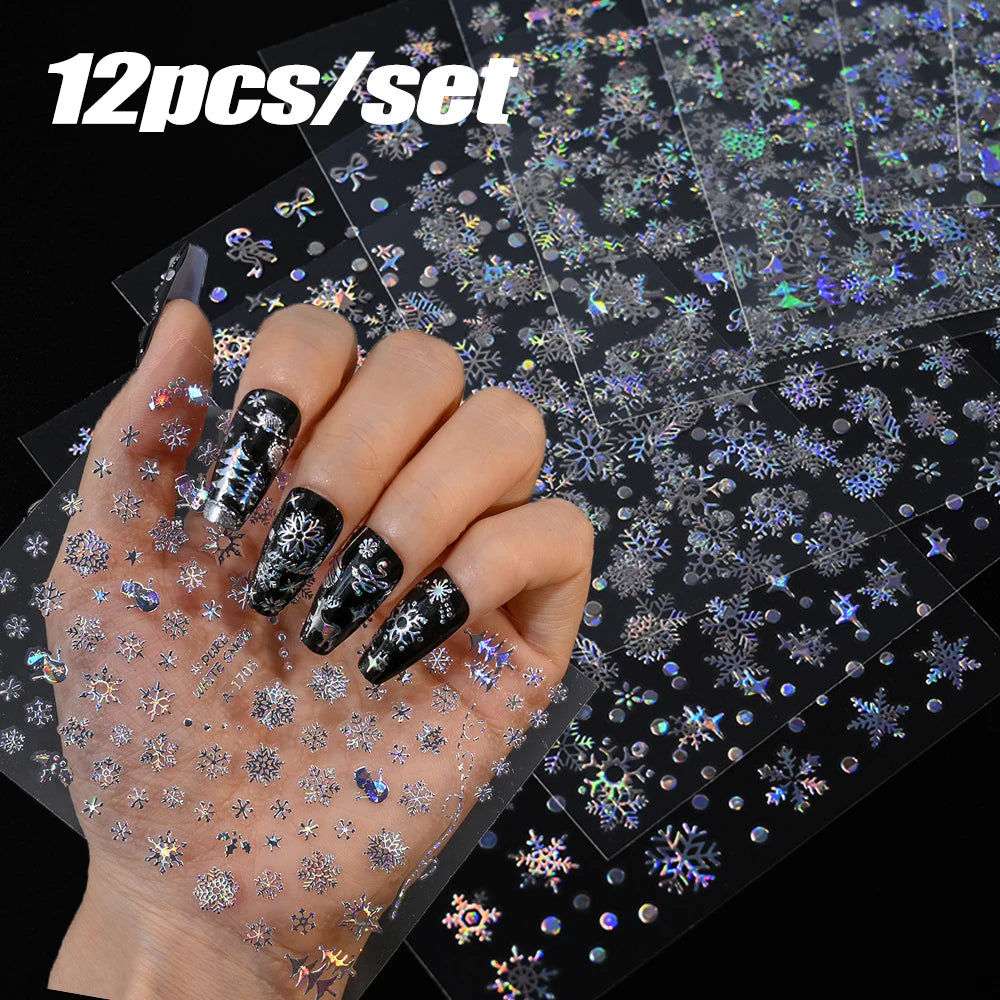 12Pcs Christmas Laser Silver Snowflakes Nail Stickers Set 3D Bronzing Snowflake Nail Decal 8*10cm HOLO Snowflake Xmas Slider