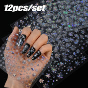 12Pcs Christmas Laser Silver Snowflakes Nail Stickers Set 3D Bronzing Snowflake Nail Decal 8*10cm HOLO Snowflake Xmas Slider