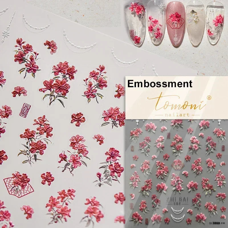 1 pc 5D sunflower nail stickers rose daisy cherry blossom self-adhesive nail art stickers oil painting style decorative sticker