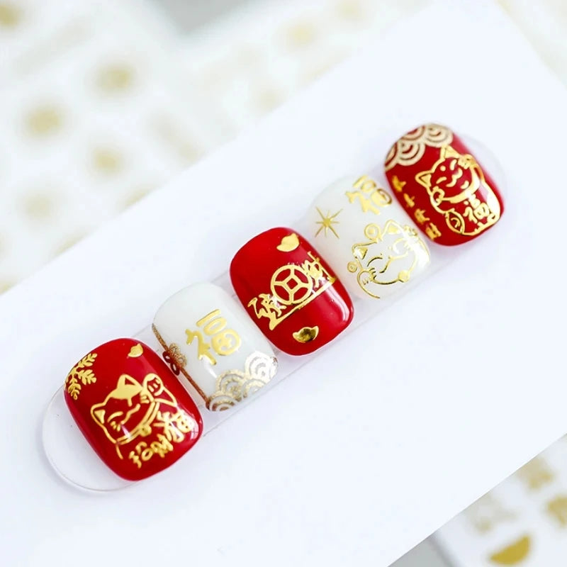 Golden Lucky Cat Nail Art Decorations Stickers Good Luck Gong Xi Fa Cai 5D Self Adhesive Nail Decals Wholesale Dropshipping