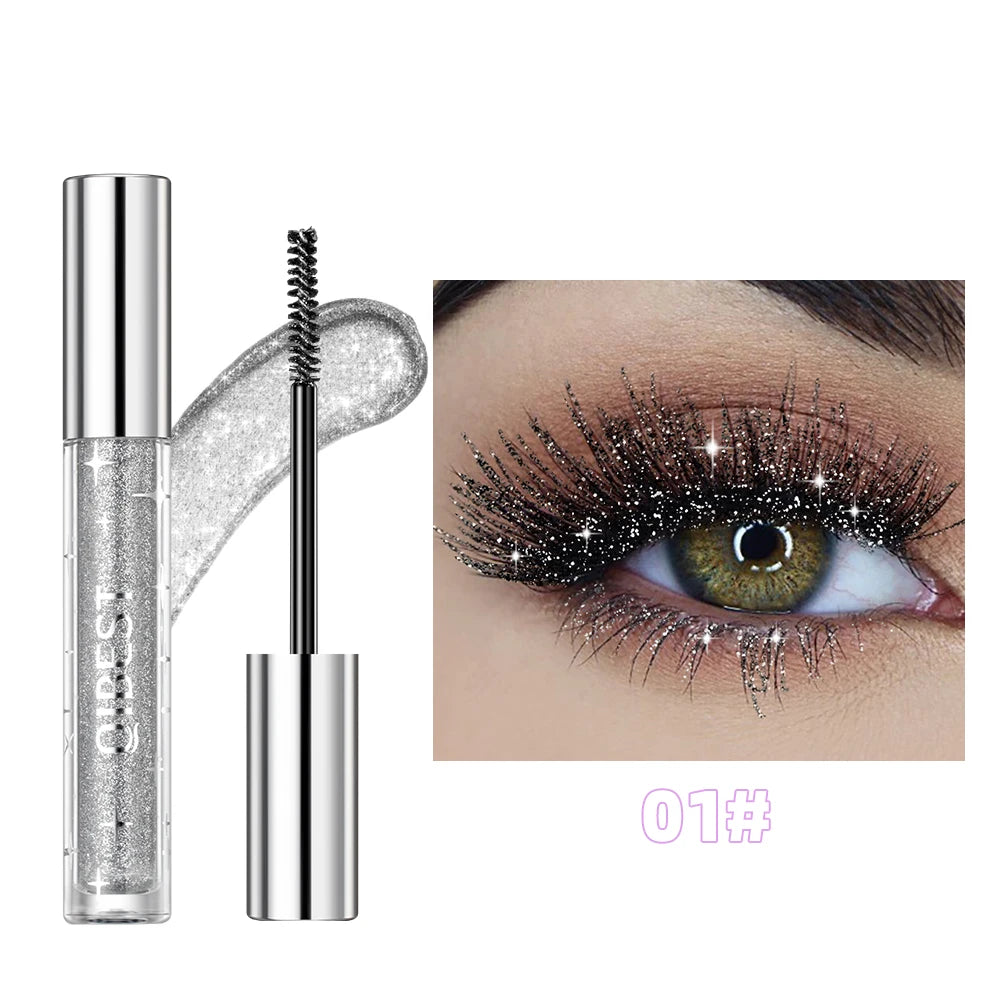 QIBEST Sliver Gold Purple Glitter Mascara Quick Dry Lasting Waterproof Curling Thick Shiny Eyelash Diamond Mascara 3 Colors