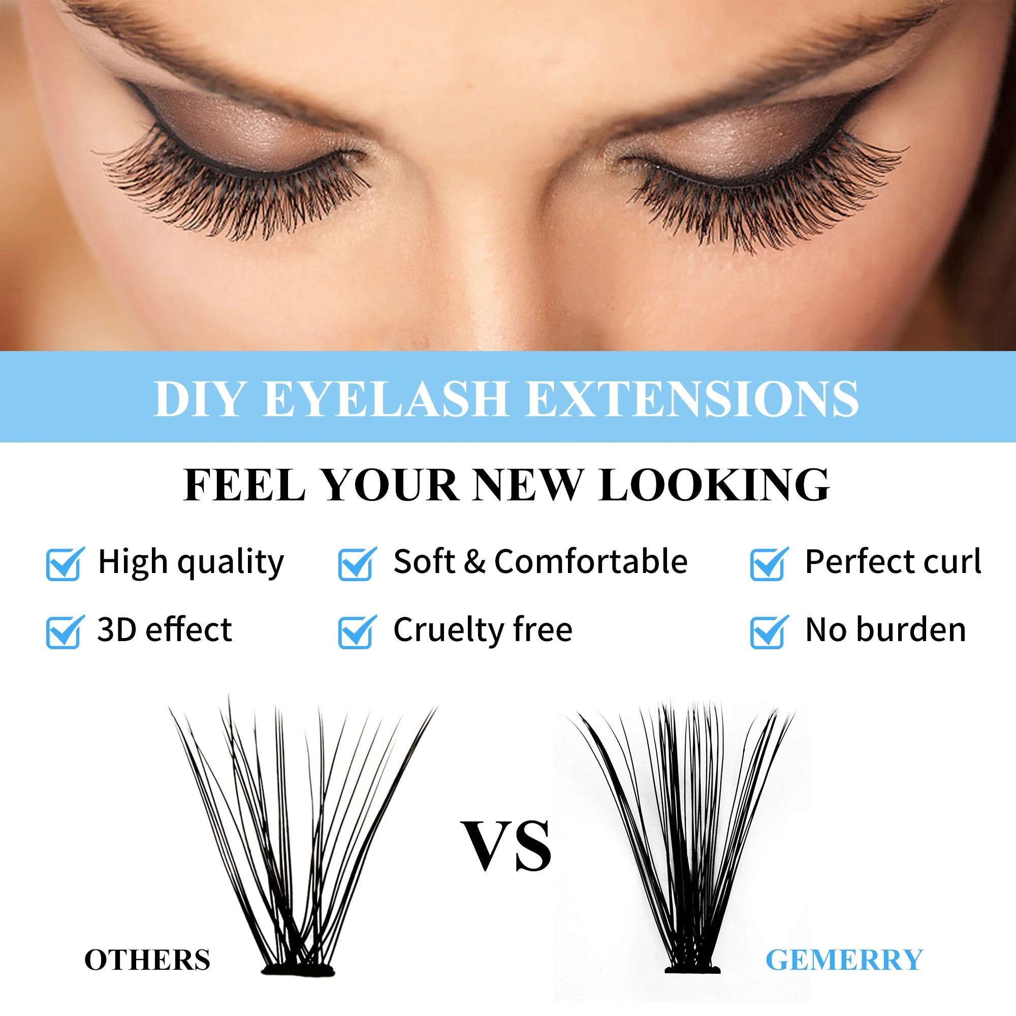 Gemerry 280 Cluster DIY Eyelashes 10D/20D 30D/40D Premade Volume Fan Lash Extension Individual Faux Mink Heat Bonded Lashes Soft