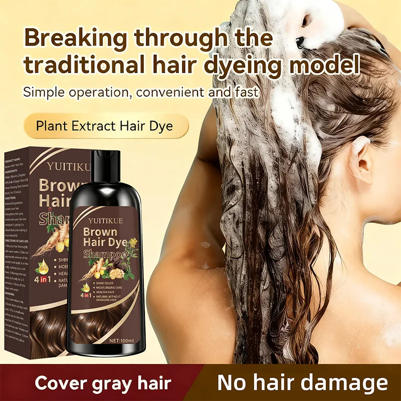 YUITIKUE Brown Hair Dye Shampoo | 4-in-1 Color, Moisturize, Nourish, Natural Ginger Formula 100ml