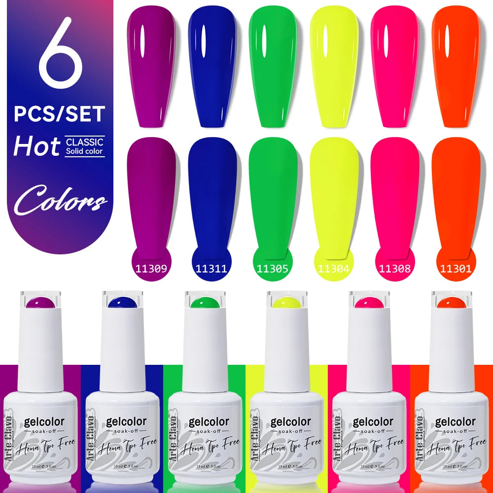 Arte Clavo 15ml Gel Polish Set 6PCS HEMA TPO Free Soak Off UV LED Nail Varnish Kit Long Lasting Manicure Gel for Nail Art Salon