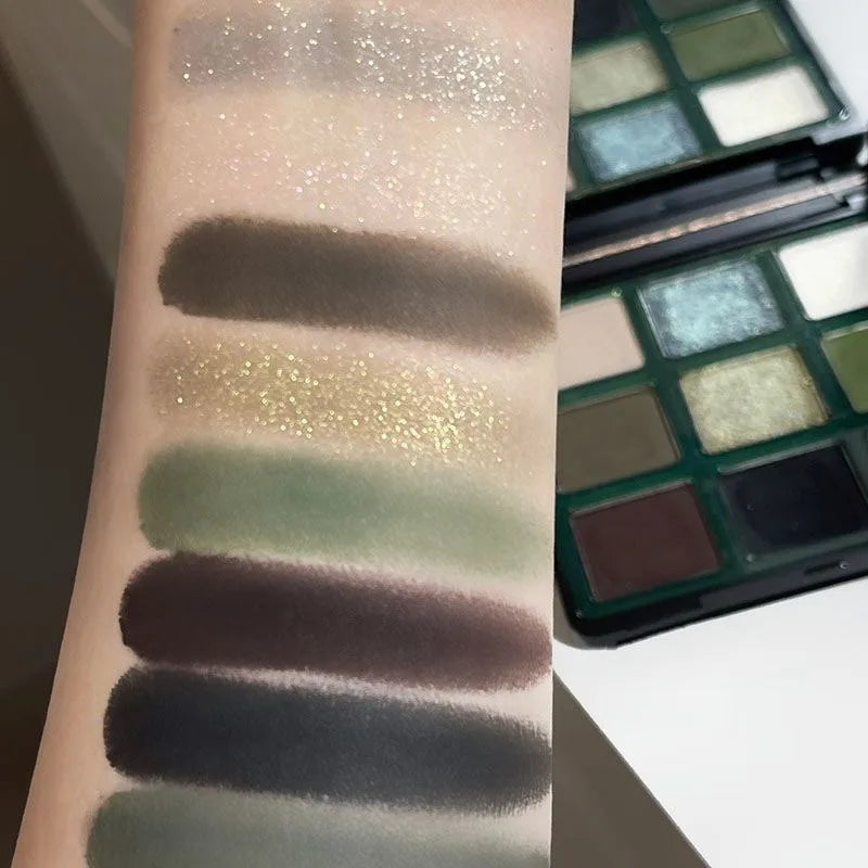 9 Colors Olive Green Eyeshadow Palette Punk Smokey Style Pearlescent Shimmer Matte Eyeshadow Powder Makeup Palette Eye Cosmetics