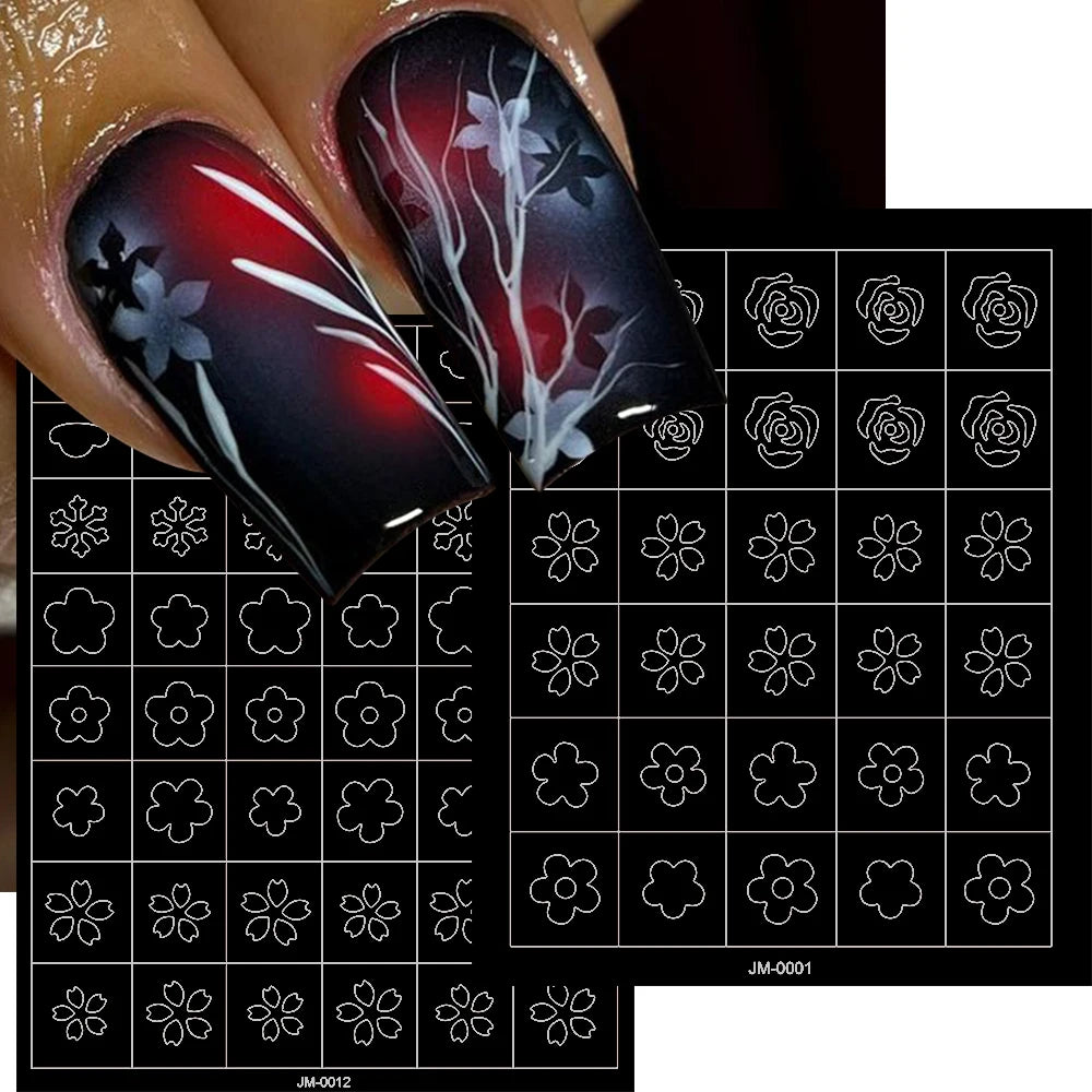24 Patterns Airbrush Stencils Nail Art Stickers Hollow Butterfly/Flower/Bow/French Line Printing Templates Nail Decal DIY Tools